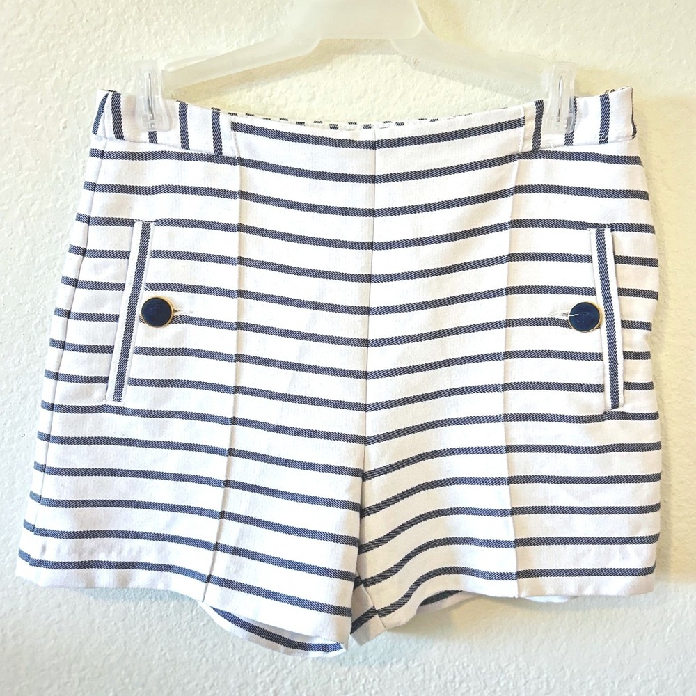 Zara Basic Womens Nautical Striped Shorts Navy White Anchor Button High Rise M